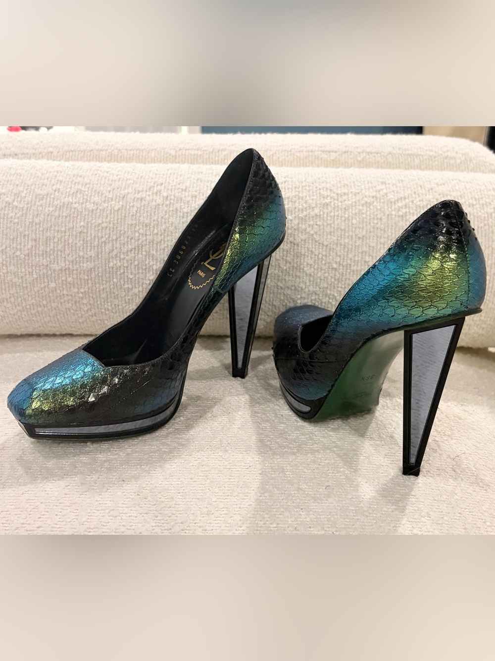 Yves Saint Laurent Iridescent Green Black Ombré Snakeskin Pumps